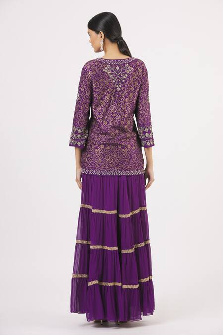 Shop Kavita Bhartia Purple Tissue Silk Embroidered Kurta Set at Aza Fashions Shop_Kavita Bhartia_Purple Tissue Silk Embroidered Kurta Set_at_Aza_Fashions