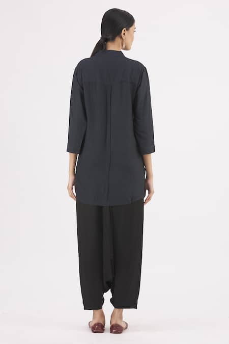 Shop Vishwa By Pinki Sinha Blue Handwoven Banarasi Band Collar Tunic With Draped Pant at Aza Fashions Shop_Vishwa By Pinki Sinha_Blue Handwoven Banarasi Band Collar Tunic With Draped Pant _at_Aza_Fashions