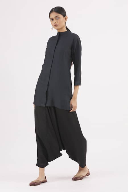 Buy Vishwa By Pinki Sinha Blue Handwoven Banarasi Band Collar Tunic With Draped Pant Online at Aza Fashions Buy_Vishwa By Pinki Sinha_Blue Handwoven Banarasi Band Collar Tunic With Draped Pant _Online_at_Aza_Fashions