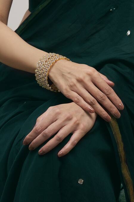 Moh-Maya By Disha Khatri_Gold Plated Diamonds Floral Crystal Bangle Set Of 2_Online_at_Aza_Fashions
