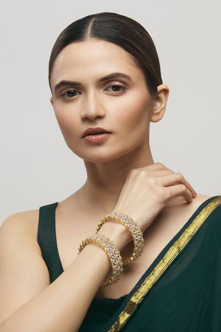 Buy_Moh-Maya By Disha Khatri_Gold Plated Diamonds Floral Crystal Bangle Set Of 2_Online_at_Aza_Fashions