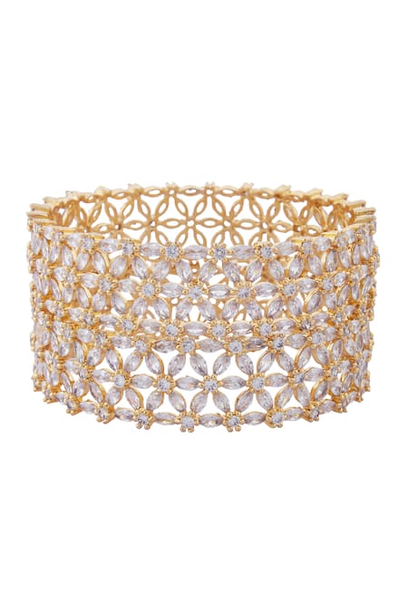Shop_Moh-Maya By Disha Khatri_Gold Plated Diamonds Floral Crystal Bangle Set Of 2_Online_at_Aza_Fashions