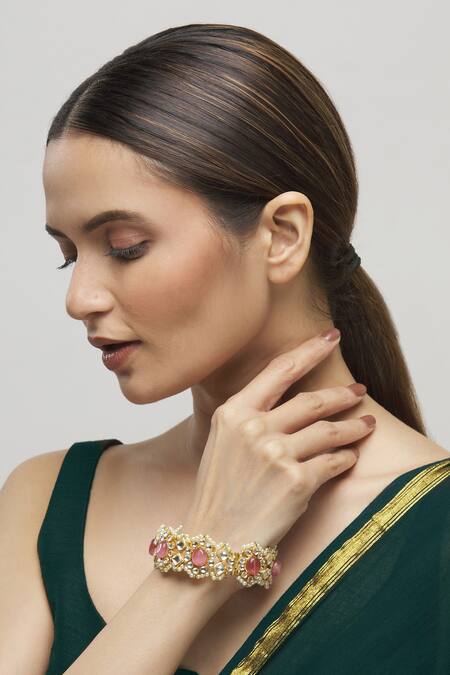 Moh-Maya By Disha Khatri_Gold Plated Gota Patti Floral Kundan Bangle_Online_at_Aza_Fashions