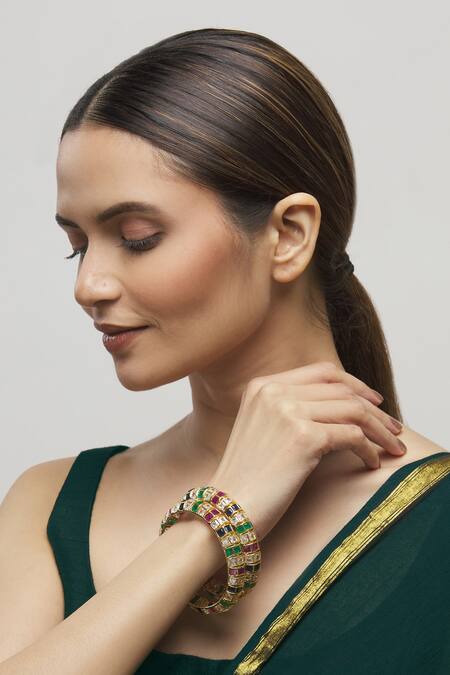 Moh-Maya By Disha Khatri Gold Plated Stones, Diamonds Kundan Bangle - Set Of 2 Online at Aza Fashions Moh-Maya By Disha Khatri_Gold Plated Stones, Diamonds Kundan Bangle - Set Of 2_Online_at_Aza_Fashions