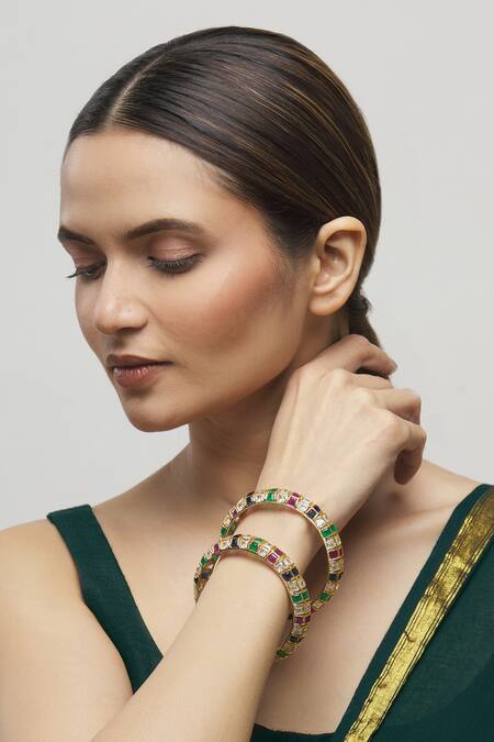 Buy Moh-Maya By Disha Khatri Gold Plated Stones, Diamonds Kundan Bangle - Set Of 2 Online at Aza Fashions Buy_Moh-Maya By Disha Khatri_Gold Plated Stones, Diamonds Kundan Bangle - Set Of 2_Online_at_Aza_Fashions