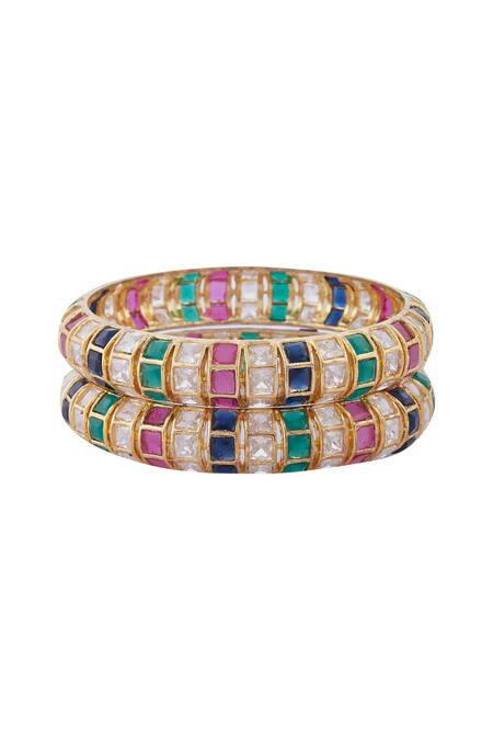 Shop Moh-Maya By Disha Khatri Gold Plated Stones, Diamonds Kundan Bangle - Set Of 2 Online at Aza Fashions Shop_Moh-Maya By Disha Khatri_Gold Plated Stones, Diamonds Kundan Bangle - Set Of 2_Online_at_Aza_Fashions