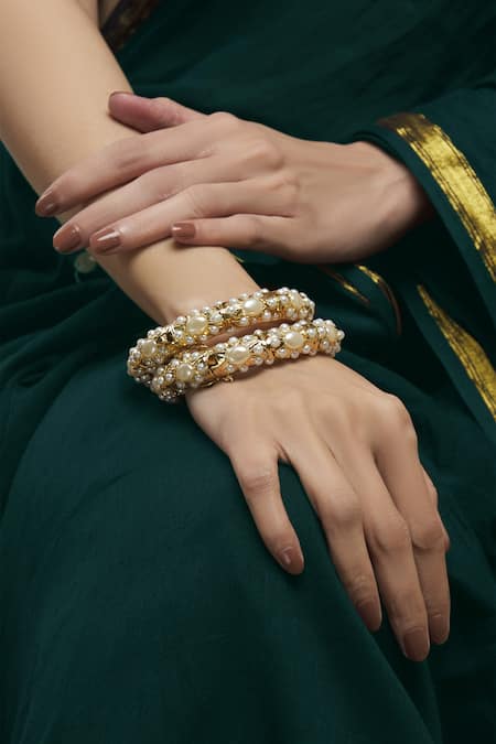 Moh-Maya By Disha Khatri_Gold Plated Pearls, Zari Jadau Bead Bangle - Set Of 2 _Online_at_Aza_Fashions