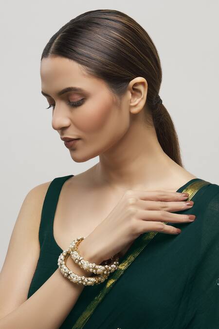 Buy_Moh-Maya By Disha Khatri_Gold Plated Pearls, Zari Jadau Bead Bangle - Set Of 2 _Online_at_Aza_Fashions