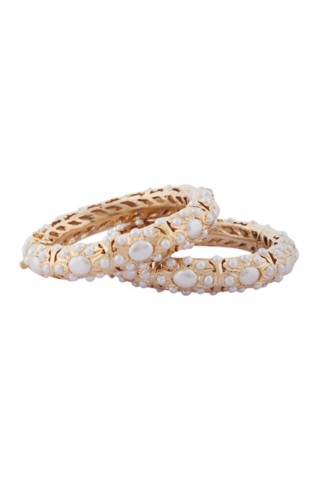 Shop_Moh-Maya By Disha Khatri_Gold Plated Pearls, Zari Jadau Bead Bangle - Set Of 2 _Online_at_Aza_Fashions