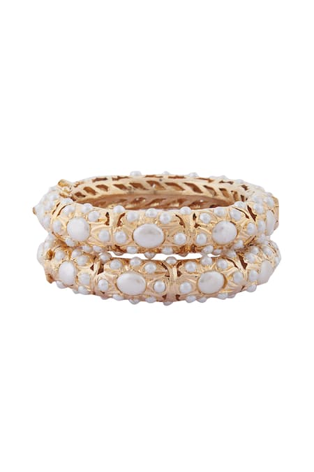 Moh-Maya By Disha Khatri_Gold Plated Pearls, Zari Jadau Bead Bangle - Set Of 2 _at_Aza_Fashions
