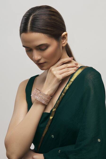 Buy Moh-Maya By Disha Khatri Gold Plated Fabric Flowers Crystal Cutwork Bangle Online at Aza Fashions Buy_Moh-Maya By Disha Khatri_Gold Plated Fabric Flowers Crystal Cutwork Bangle _Online_at_Aza_Fashions