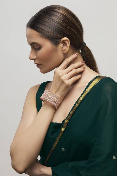 Shop Moh-Maya By Disha Khatri Gold Plated Fabric Flowers Crystal Cutwork Bangle Online at Aza Fashions Shop_Moh-Maya By Disha Khatri_Gold Plated Fabric Flowers Crystal Cutwork Bangle _Online_at_Aza_Fashions