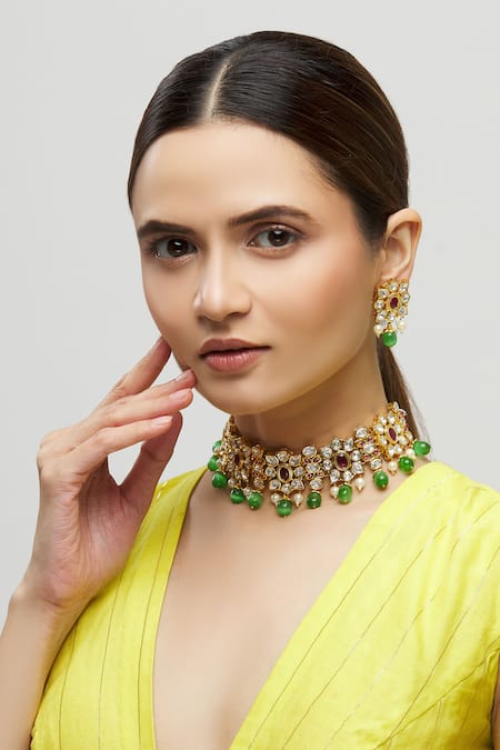 Buy_Moh-Maya By Disha Khatri_Gold Plated Diamonds, Beads, Stones Kundan Floral Choker Set _Online_at_Aza_Fashions
