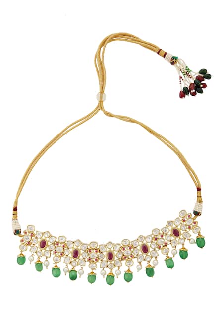 Moh-Maya By Disha Khatri_Gold Plated Diamonds, Beads, Stones Kundan Floral Choker Set _Online_at_Aza_Fashions