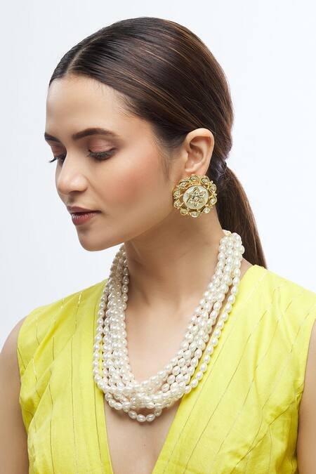 Buy_Moh-Maya By Disha Khatri_Gold Plated Pearls, Stones Bead Layered Necklace Set _Online_at_Aza_Fashions