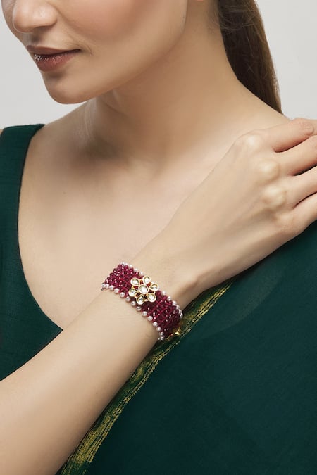 Buy_Moh-Maya By Disha Khatri_Gold Plated Crystals, Stones Floral Kundan Bracelet _Online_at_Aza_Fashions