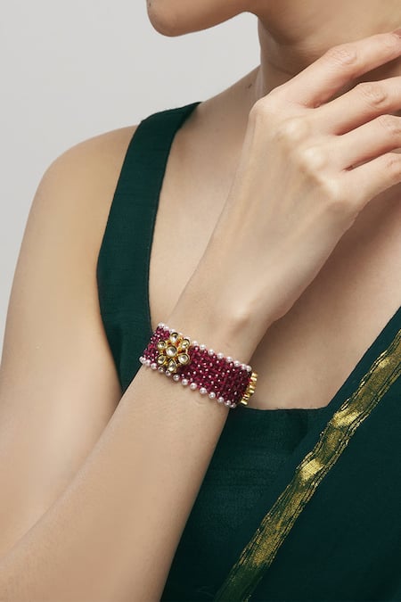 Shop_Moh-Maya By Disha Khatri_Gold Plated Crystals, Stones Floral Kundan Bracelet _Online_at_Aza_Fashions