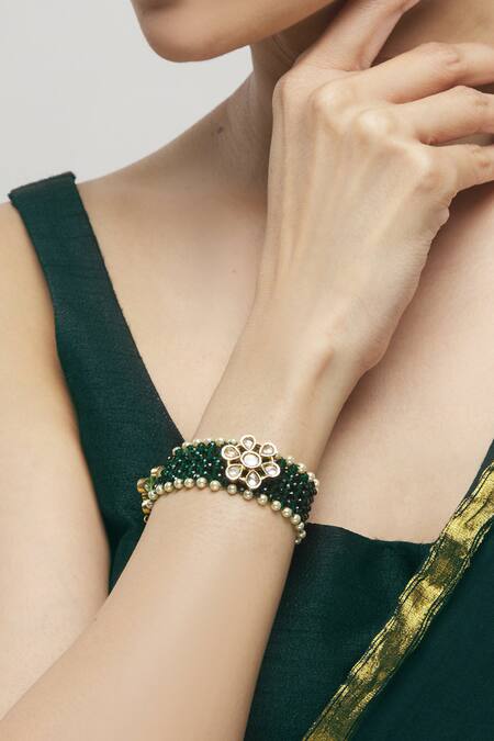 Buy_Moh-Maya By Disha Khatri_Gold Plated Diamonds, Stones Floral Kundan Bracelet _Online_at_Aza_Fashions