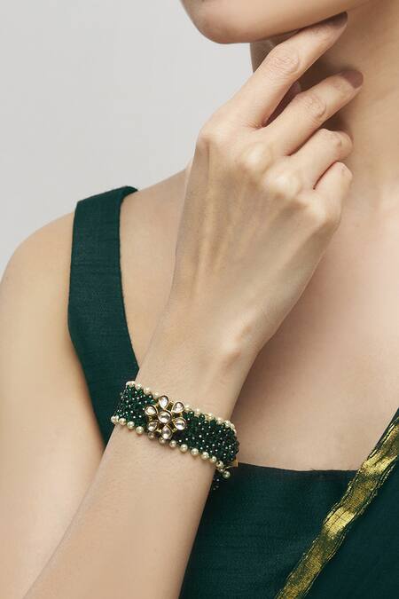 Shop_Moh-Maya By Disha Khatri_Gold Plated Diamonds, Stones Floral Kundan Bracelet _Online_at_Aza_Fashions