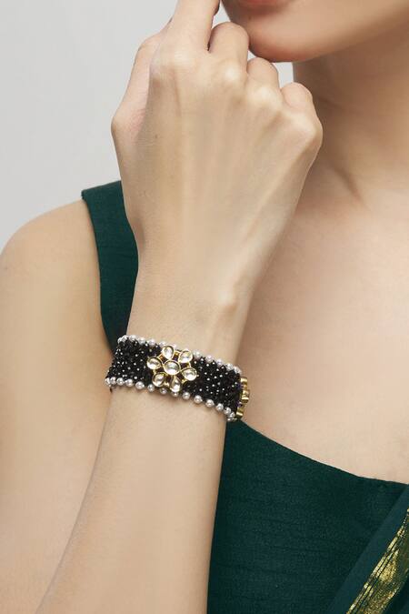 Buy_Moh-Maya By Disha Khatri_Gold Plated Beads Floral Kundan Bracelet _Online_at_Aza_Fashions