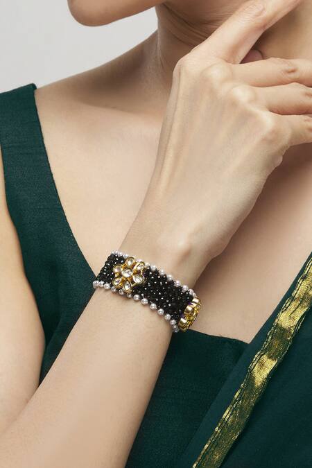 Shop_Moh-Maya By Disha Khatri_Gold Plated Beads Floral Kundan Bracelet _Online_at_Aza_Fashions