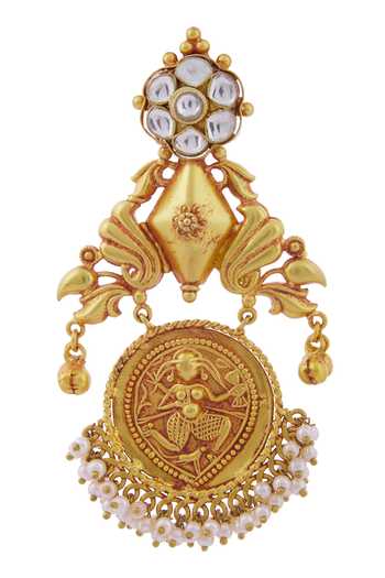 Moh-Maya By Disha Khatri_Gold Plated Pearls, Beads Kundan Temple Carved Danglers _Online_at_Aza_Fashions