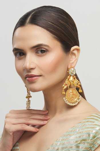 Shop_Moh-Maya By Disha Khatri_Gold Plated Pearls, Beads Kundan Temple Carved Danglers _Online_at_Aza_Fashions