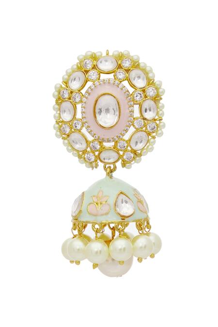 Moh-Maya By Disha Khatri Gold Plated Pearl, Kundan, Meeenakari Jhumkas Online at Aza Fashions Moh-Maya By Disha Khatri_Gold Plated Pearl, Kundan, Meeenakari Jhumkas_Online_at_Aza_Fashions