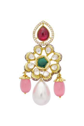 Moh-Maya By Disha Khatri_Gold Plated Pearls, Stones, Embroidery Emerald Floral Motif Danglers _Online_at_Aza_Fashions