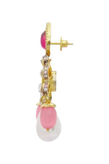 Buy_Moh-Maya By Disha Khatri_Gold Plated Pearls, Stones, Embroidery Emerald Floral Motif Danglers _Online_at_Aza_Fashions