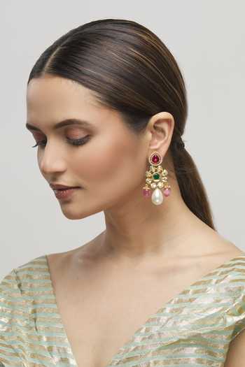 Shop_Moh-Maya By Disha Khatri_Gold Plated Pearls, Stones, Embroidery Emerald Floral Motif Danglers _Online_at_Aza_Fashions