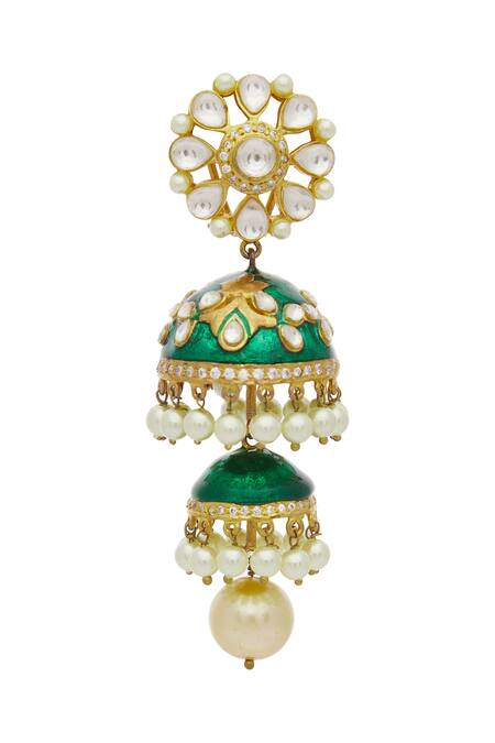 Moh-Maya By Disha Khatri_Gold Plated Pearls, Metallic Thread Kundan Meenakari Layered Jhumkas_Online_at_Aza_Fashions