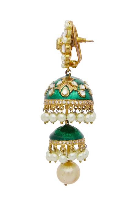 Buy_Moh-Maya By Disha Khatri_Gold Plated Pearls, Metallic Thread Kundan Meenakari Layered Jhumkas_Online_at_Aza_Fashions