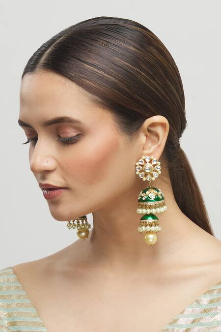 Shop_Moh-Maya By Disha Khatri_Gold Plated Pearls, Metallic Thread Kundan Meenakari Layered Jhumkas_Online_at_Aza_Fashions