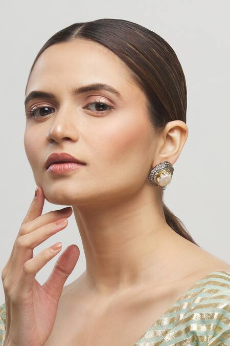 Shop_Moh-Maya By Disha Khatri_Silver Plated Pearls Bead Stud Earrings _Online_at_Aza_Fashions