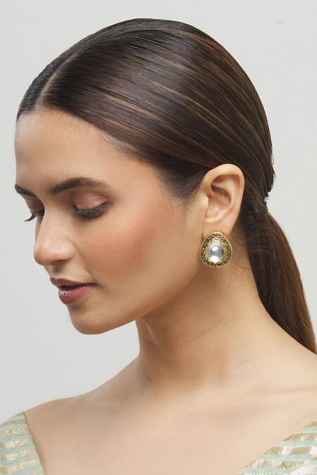 Shop_Moh-Maya By Disha Khatri_Gold Plated Diamonds, Stones Kundan Stud Earrings_Online_at_Aza_Fashions