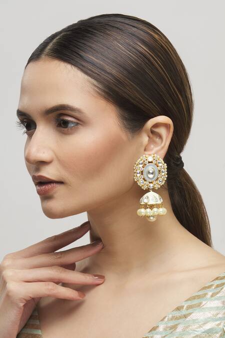Shop_Moh-Maya By Disha Khatri_Gold Plated Meenakari Kundan Jhumkas _Online_at_Aza_Fashions