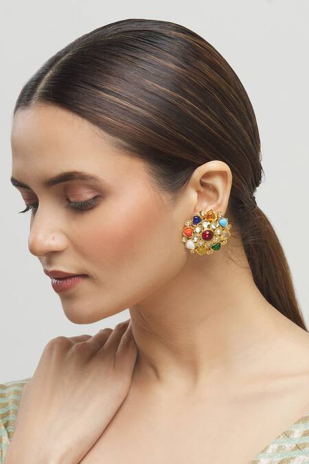 Shop_Moh-Maya By Disha Khatri_Gold Plated Stones, Gota Patti Kundan Floral Stud Earrings _Online_at_Aza_Fashions