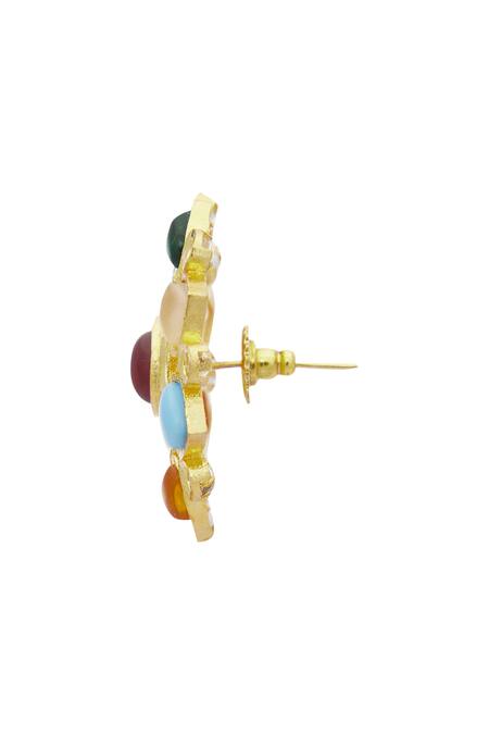 Moh-Maya By Disha Khatri_Gold Plated Stones, Gota Patti Kundan Floral Stud Earrings _at_Aza_Fashions