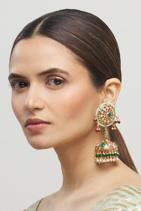 Shop_Moh-Maya By Disha Khatri_Gold Plated Jadau Stone Jhumkas _Online_at_Aza_Fashions