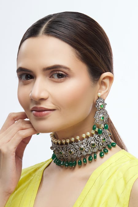 Buy_Moh-Maya By Disha Khatri_Silver Plated Pearls, Stones Choker Set _Online_at_Aza_Fashions
