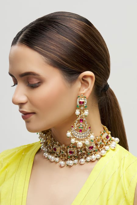 Moh-Maya By Disha Khatri_Gold Plated Stones, Pearls Kundan Choker Set _Online_at_Aza_Fashions