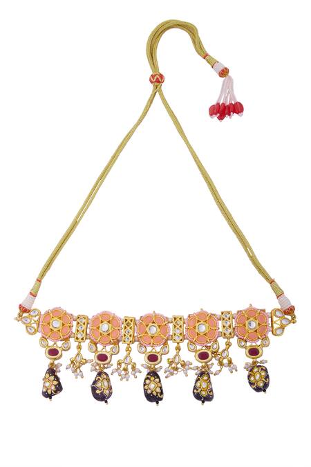 Moh-Maya By Disha Khatri_Gold Plated Pearls, Stones, Rhinestones Floral Bead Drop Choker Set _Online_at_Aza_Fashions