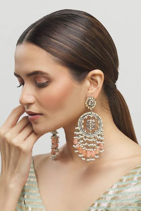 Shop_Moh-Maya By Disha Khatri_Gold Plated Pearls, Stones Kundan Chandbalis_Online_at_Aza_Fashions