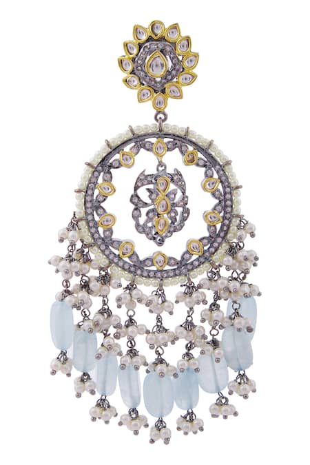 Moh-Maya By Disha Khatri_Gold Plated Pearls, Stones, Fabric Flowers, Foil Printing Kundan Chandbalis_Online_at_Aza_Fashions