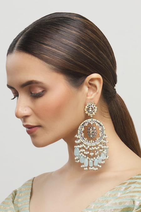 Shop_Moh-Maya By Disha Khatri_Gold Plated Pearls, Stones, Fabric Flowers, Foil Printing Kundan Chandbalis_Online_at_Aza_Fashions