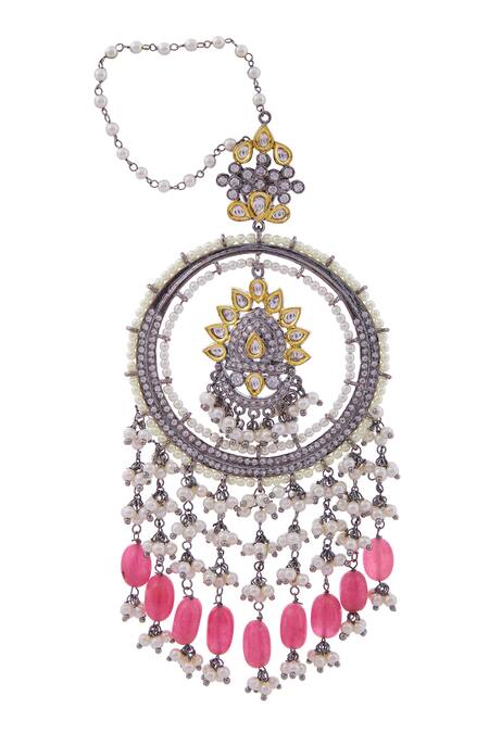 Moh-Maya By Disha Khatri_Silver Plated Pearls, Fabric Flowers, Stones Drop Chandbalis_Online_at_Aza_Fashions