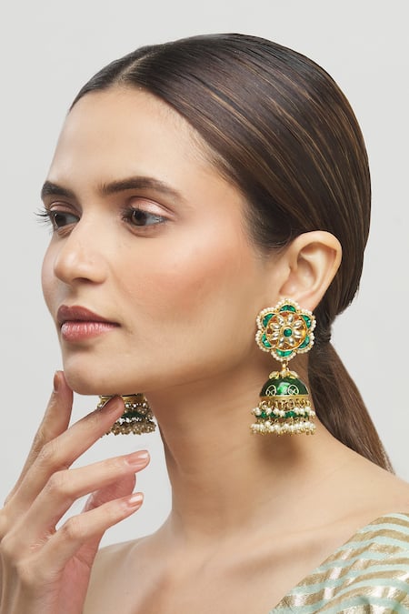 Shop_Moh-Maya By Disha Khatri_Gold Plated Kundan Meenakari Jhumkas _Online_at_Aza_Fashions