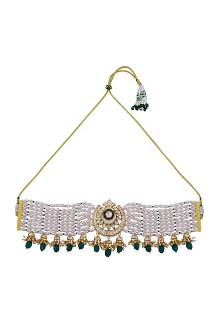 Moh-Maya By Disha Khatri_Gold Plated Pearls, Stones, Embroidery Kundan Choker Set _Online_at_Aza_Fashions