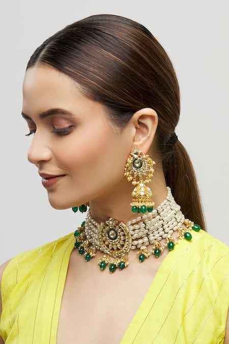 Moh-Maya By Disha Khatri_Gold Plated Pearls, Stones, Embroidery Kundan Choker Set _at_Aza_Fashions